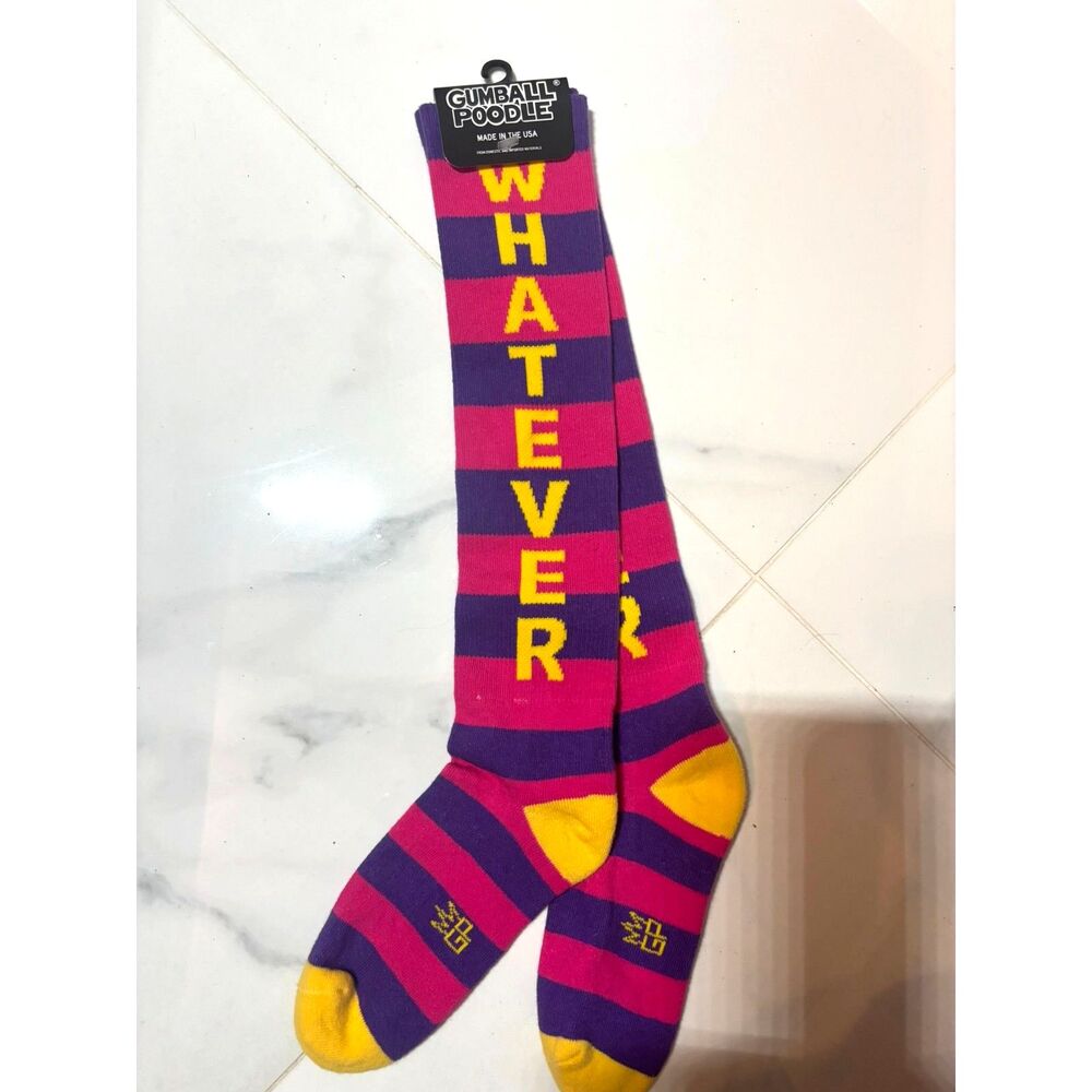 Gumball Poodle WHATEVER Knee High Socks Purple Pink Yellow Striped NWT Unisex